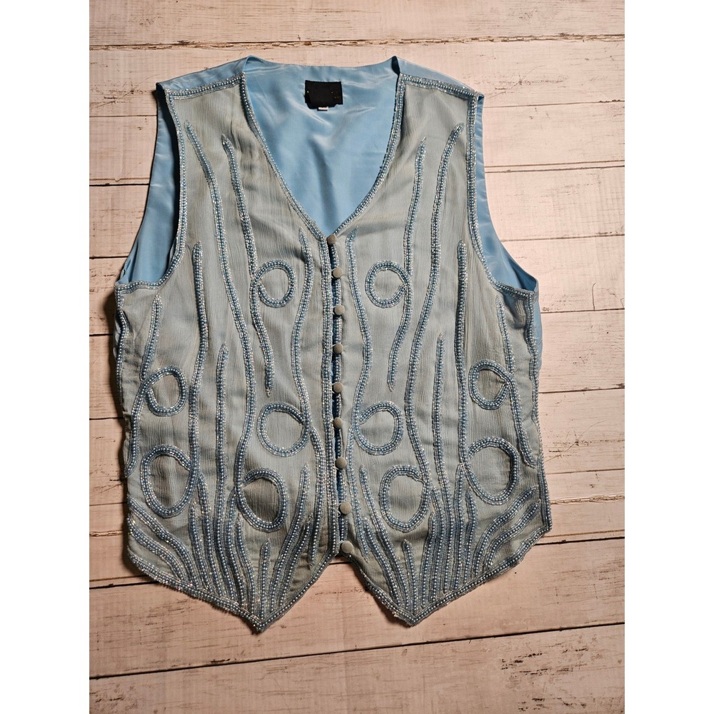 Vintage Mary McFadden Light Blue Silk Beaded Vest Size Large Art to Wear 80s 90s